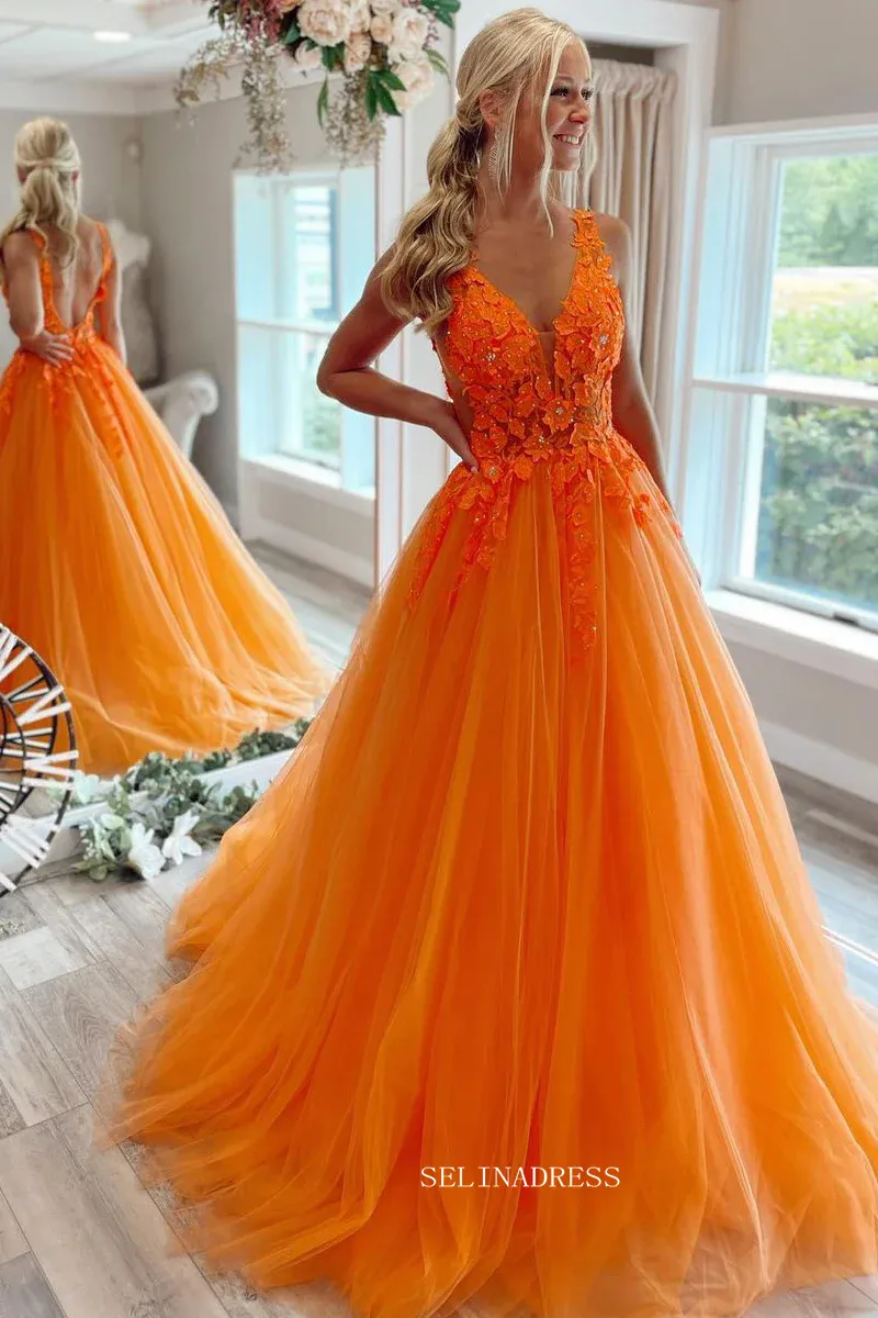 V-neck Orange Tulle Lace Applique Ball Gown Long Prom Dress sew1032