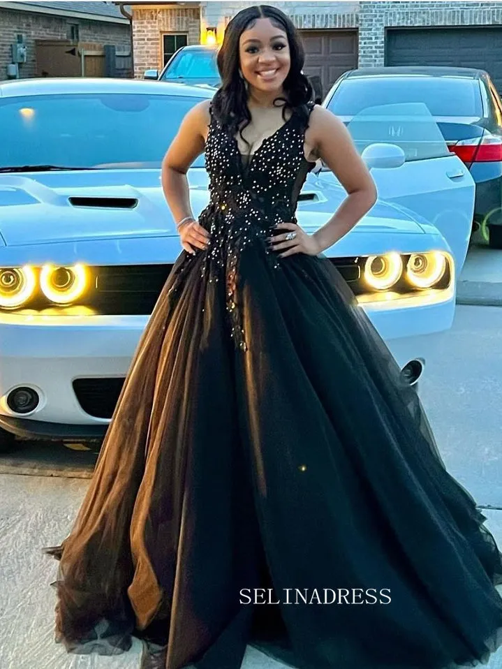 V-neck Orange Tulle Lace Applique Ball Gown Long Prom Dress sew1032