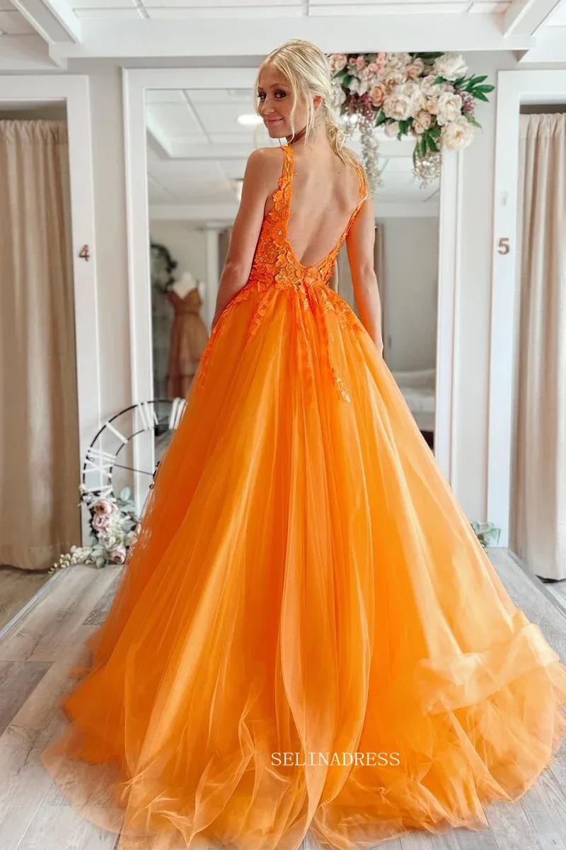 V-neck Orange Tulle Lace Applique Ball Gown Long Prom Dress sew1032