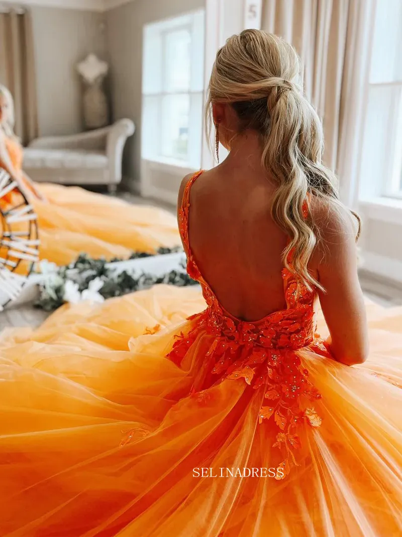 V-neck Orange Tulle Lace Applique Ball Gown Long Prom Dress sew1032