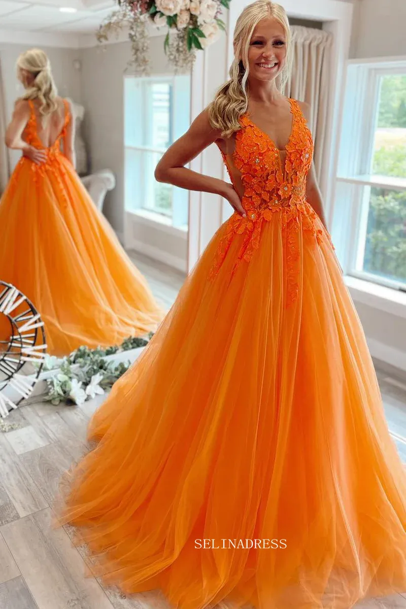 V-neck Orange Tulle Lace Applique Ball Gown Long Prom Dress sew1032