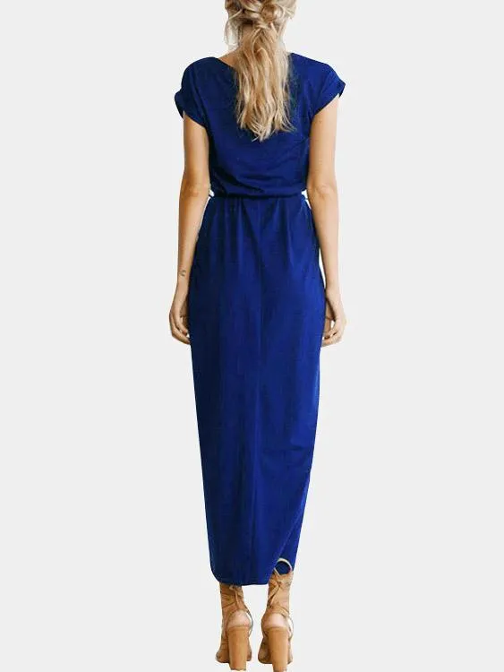 Wholesale Navy Round Neck Short Sleeve Slit Maxi Dress