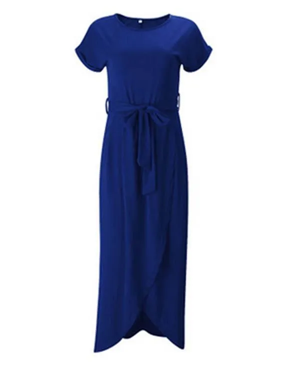 Wholesale Navy Round Neck Short Sleeve Slit Maxi Dress