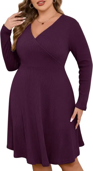 ZOMVA Plus Size Sweater Dress V Neck A-line Knee Length Dress Fall Winter Casual Ribbed Knit Long Sleeves