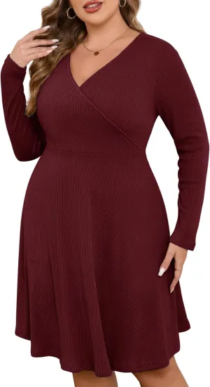 ZOMVA Plus Size Sweater Dress V Neck A-line Knee Length Dress Fall Winter Casual Ribbed Knit Long Sleeves