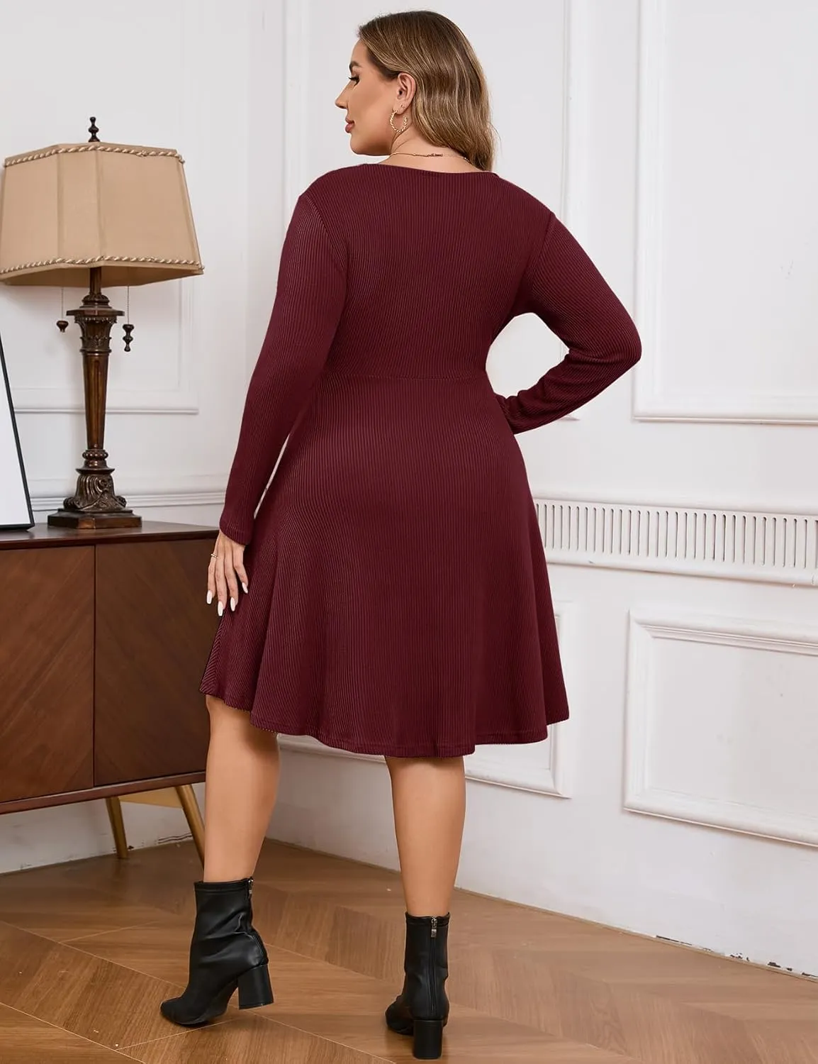 ZOMVA Plus Size Sweater Dress V Neck A-line Knee Length Dress Fall Winter Casual Ribbed Knit Long Sleeves
