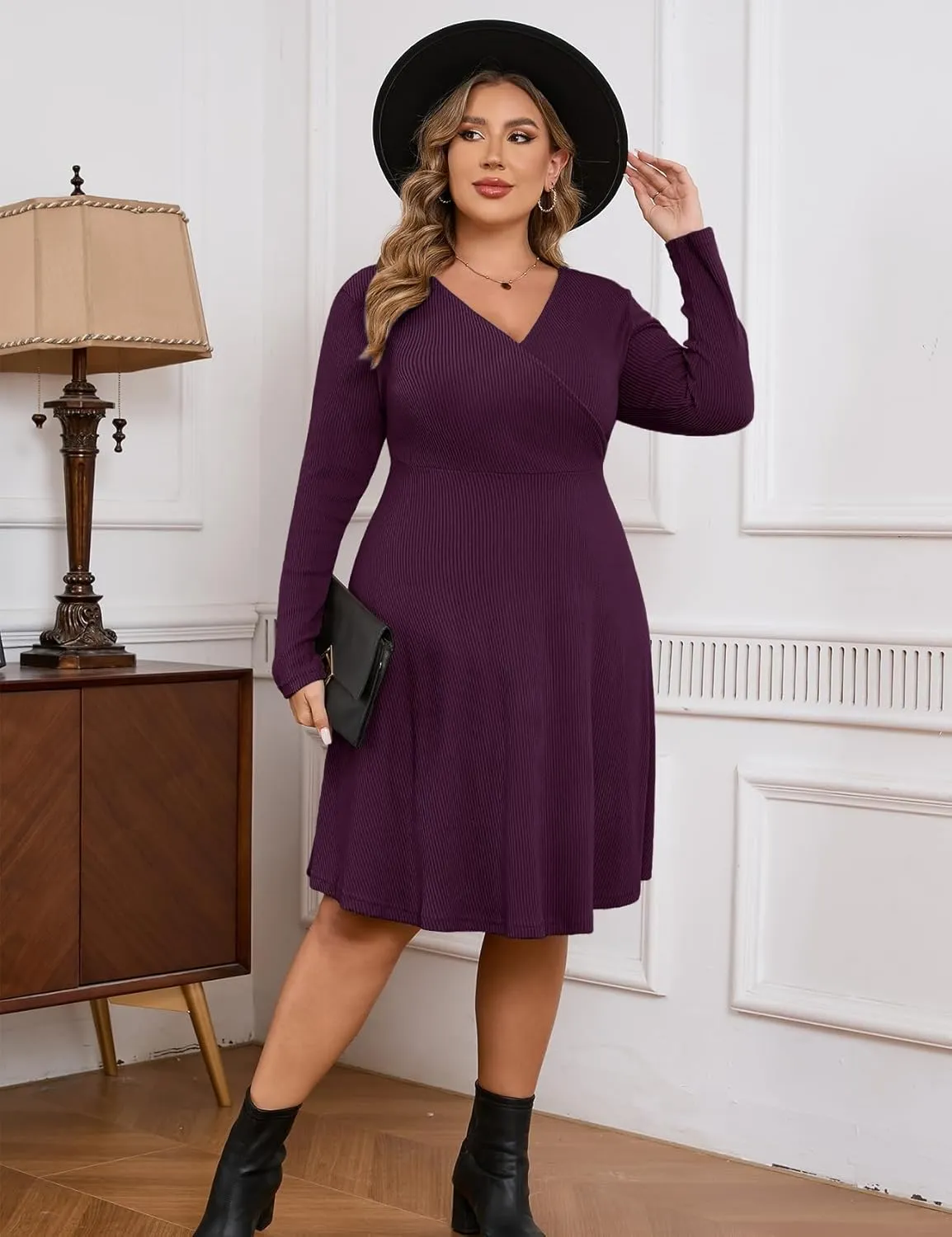 ZOMVA Plus Size Sweater Dress V Neck A-line Knee Length Dress Fall Winter Casual Ribbed Knit Long Sleeves