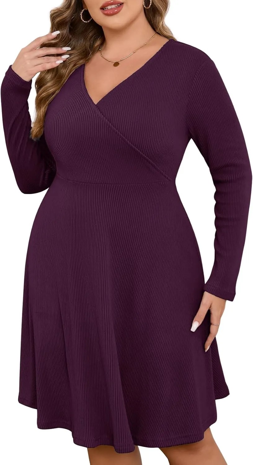 ZOMVA Plus Size Sweater Dress V Neck A-line Knee Length Dress Fall Winter Casual Ribbed Knit Long Sleeves
