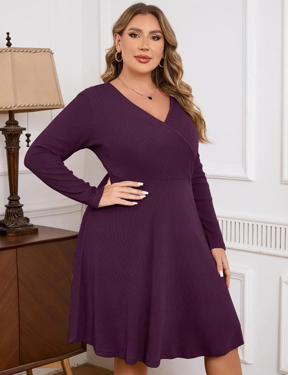 ZOMVA Plus Size Sweater Dress V Neck A-line Knee Length Dress Fall Winter Casual Ribbed Knit Long Sleeves