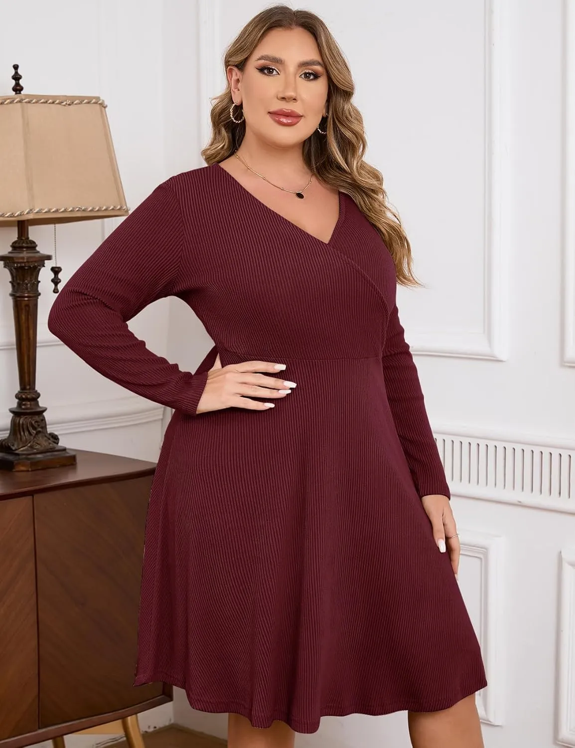 ZOMVA Plus Size Sweater Dress V Neck A-line Knee Length Dress Fall Winter Casual Ribbed Knit Long Sleeves